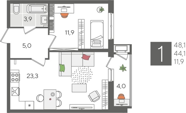 
  Продается 1-комн. квартира, 48.1 м², ЖК Рекорд 2, литера 5
. Фото 1.