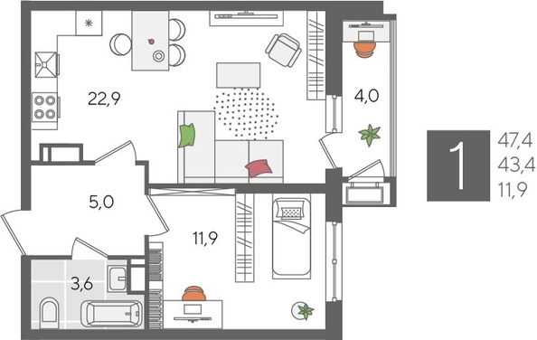 
  Продается 1-комн. квартира, 47.4 м², ЖК Рекорд 2, литера 5
. Фото 1.