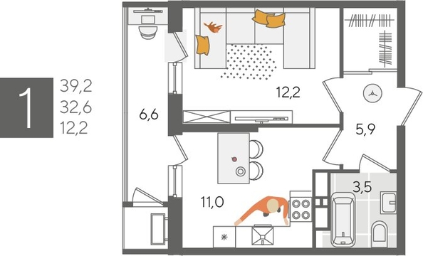 
  Продается 1-комн. квартира, 39.2 м², ЖК Рекорд 2, литера 5
. Фото 1.