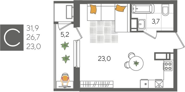 
  Продается студия, 31.9 м², ЖК Рекорд 2, литера 5
. Фото 1.