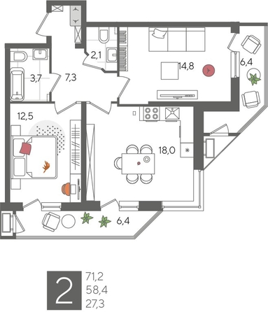 
  Продается 2-комн. квартира, 71.2 м², ЖК Рекорд 2, литера 5
. Фото 1.