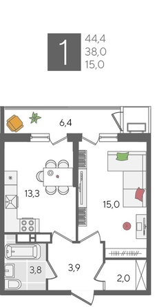 
  Продается 1-комн. квартира, 44.4 м², ЖК Рекорд 2, литера 5
. Фото 1.
