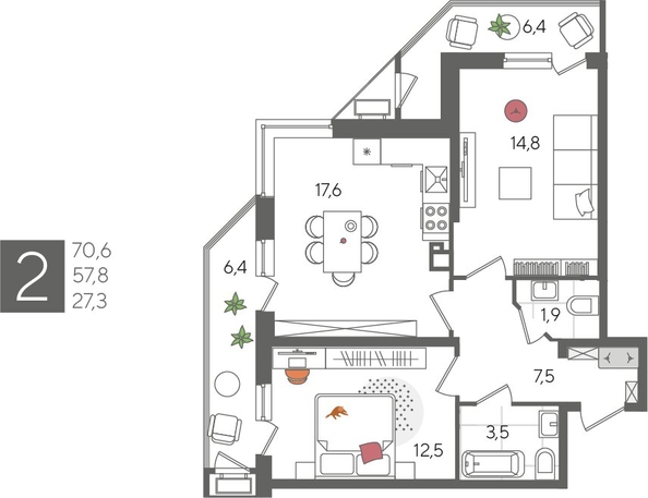 
  Продается 2-комн. квартира, 70.6 м², ЖК Рекорд 2, литера 6
. Фото 1.