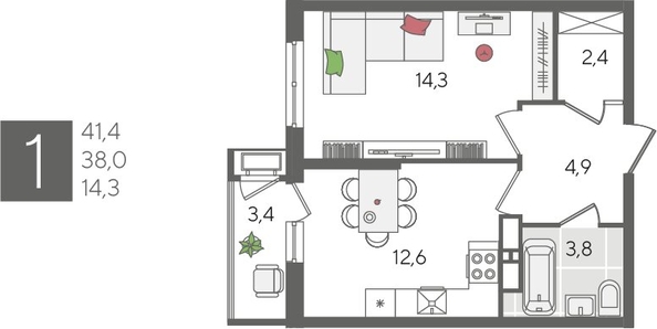 
  Продается 1-комн. квартира, 41.4 м², ЖК Рекорд 2, литера 6
. Фото 1.
