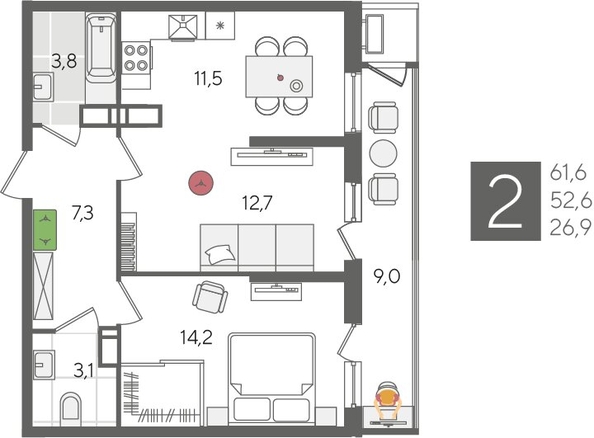
  Продается 2-комн. квартира, 61.6 м², ЖК Рекорд 2, литера 6
. Фото 1.