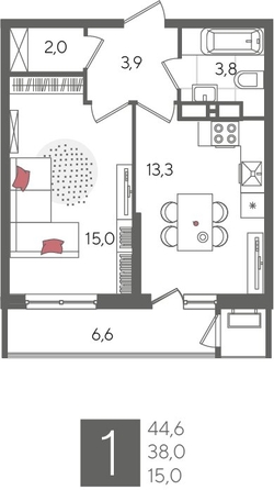 
  Продается 1-комн. квартира, 44.6 м², ЖК Рекорд 2, литера 6
. Фото 1.