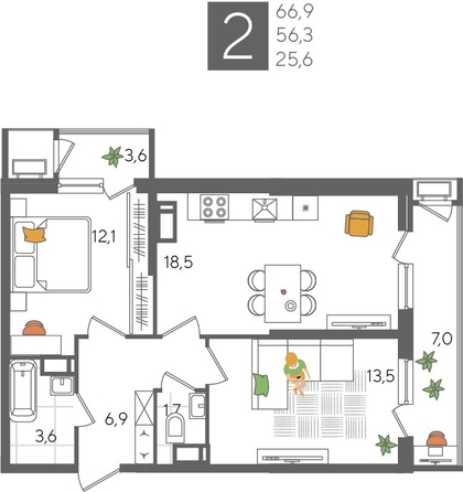 
  Продается 2-комн. квартира, 66.9 м², ЖК Рекорд 2, литера 6
. Фото 1.