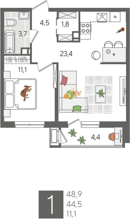 
  Продается 1-комн. квартира, 48.9 м², ЖК Рекорд 2, литера 1
. Фото 1.
