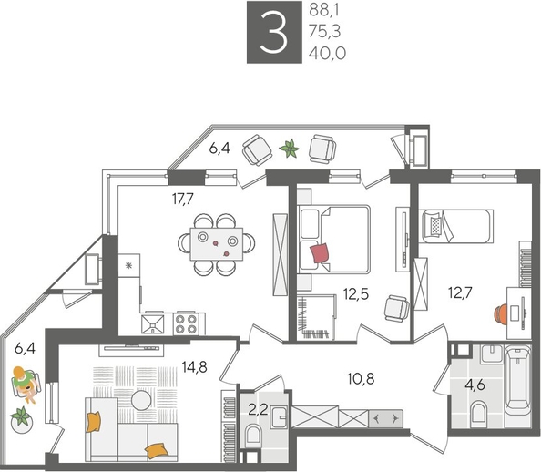 
  Продается 3-комн. квартира, 88.1 м², ЖК Рекорд 2, литера 1
. Фото 1.