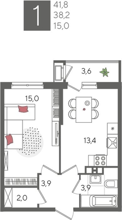 
  Продается 1-комн. квартира, 41.8 м², ЖК Рекорд 2, литера 1
. Фото 1.