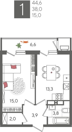 
  Продается 1-комн. квартира, 44.6 м², ЖК Рекорд 2, литера 1
. Фото 1.