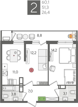 
  Продается 2-комн. квартира, 60.1 м², ЖК Рекорд 2, литера 1
. Фото 1.