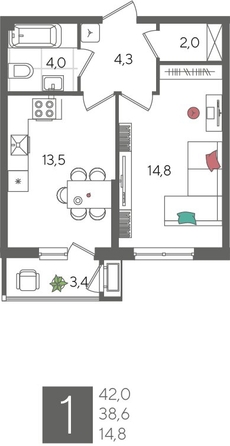 
  Продается 1-комн. квартира, 42 м², ЖК Рекорд 2, литера 1
. Фото 1.