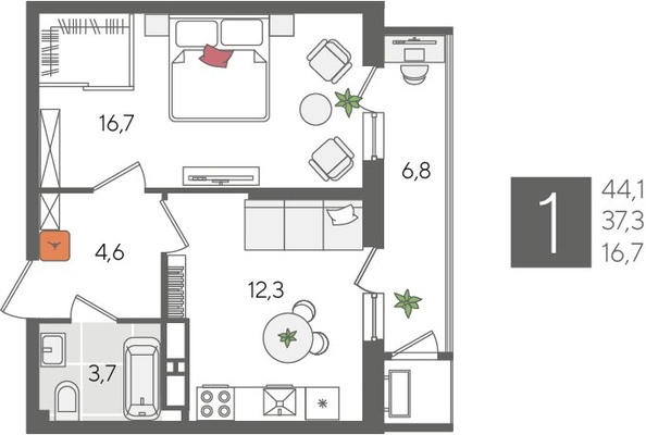 
  Продается 1-комн. квартира, 44.1 м², ЖК Рекорд 2, литера 1
. Фото 1.