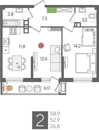 
  Продается 2-комн. квартира, 58.9 м², ЖК Рекорд 2, литера 1
. Фото 1.