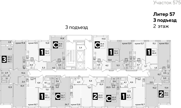 
  Продается 3-комн. квартира, 86.7 м², ЖК Самолет, литера 57
. Фото 2.