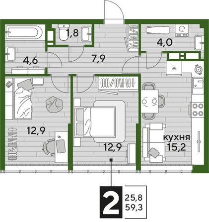 
  Продается 2-комн. квартира, 58.7 м², ЖК DOGMA PARK (Догма парк), лит 1
. Фото 1.