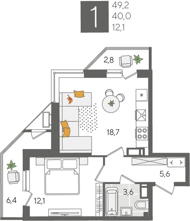 
  Продается 1-комн. квартира, 49.2 м², ЖК Рекорд 2, литера 2
. Фото 1.