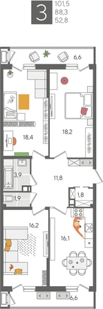 
  Продается 3-комн. квартира, 101.5 м², ЖК Рекорд 2, литера 2
. Фото 1.