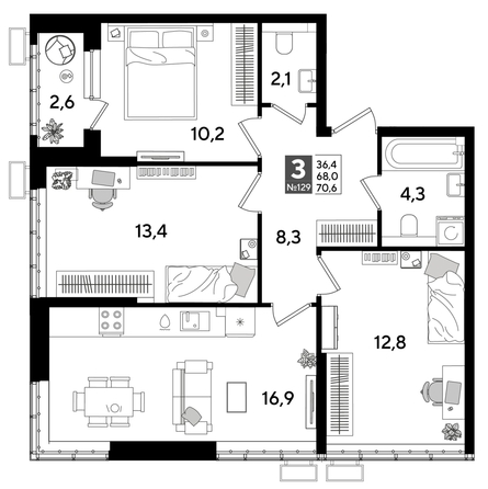 
  Продается 3-комн. квартира, 70.6 м², ЖК DOGMA PARK (Догма парк), литера 16
. Фото 1.