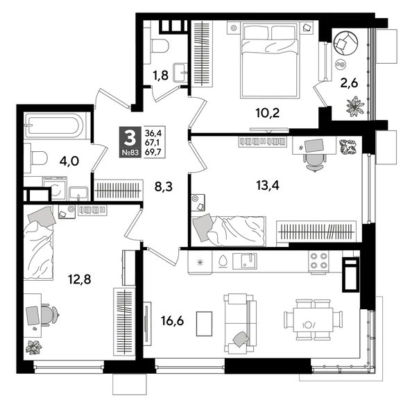
  Продается 3-комн. квартира, 68.1 м², ЖК DOGMA PARK (Догма парк), литера 19
. Фото 1.