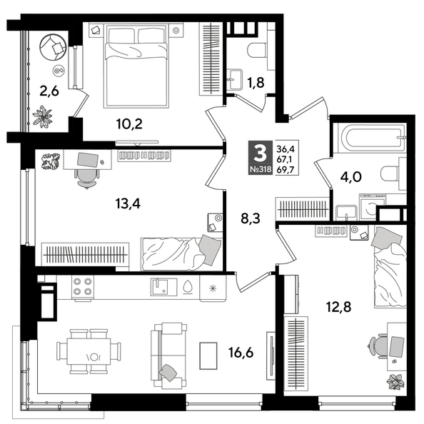 
  Продается 3-комн. квартира, 68.4 м², ЖК DOGMA PARK (Догма парк), литера 19
. Фото 1.