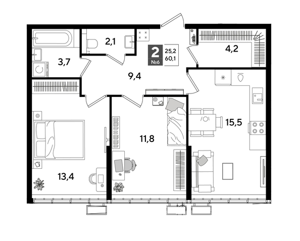 
  Продается 2-комн. квартира, 60.1 м², ЖК DOGMA PARK (Догма парк), литера 18
. Фото 1.
