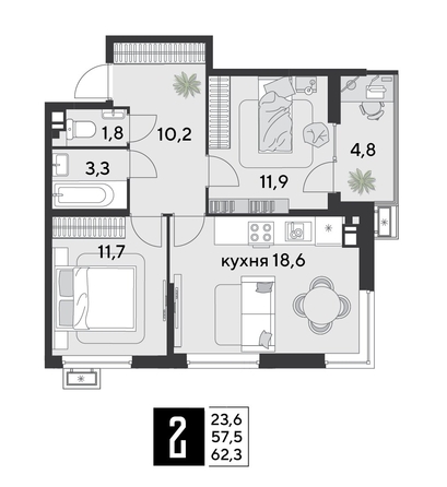 
  Продается 2-комн. квартира 62.3 м², в ЖК Парк Победы 2, литера 8. Фото 1.