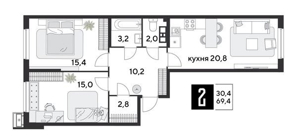 
  Продается 2-комн. квартира, 69.4 м², ЖК Парк Победы 2, литера 28
. Фото 1.