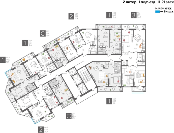 
  Продается 1-комн. квартира, 55.7 м², ЖК Рекорд 2, литера 2
. Фото 2.