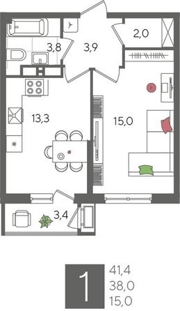 
  Продается 1-комн. квартира, 41.4 м², ЖК Рекорд 2, литера 2
. Фото 1.