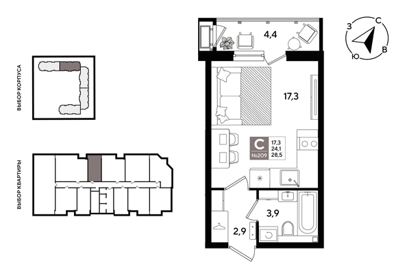 
  Продается студия 28.2 м², в ЖК Рекорд 2, литера 1. Фото 1.