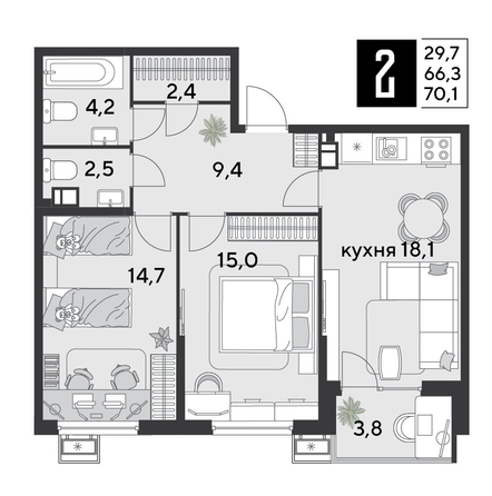 
  Продается 2-комн. квартира 70.1 м², в ЖК Парк Победы 2, литера 30. Фото 1.