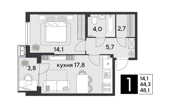 
  Продается 1-комн. квартира 48.1 м², в ЖК Парк Победы 2, литера 21. Фото 1.