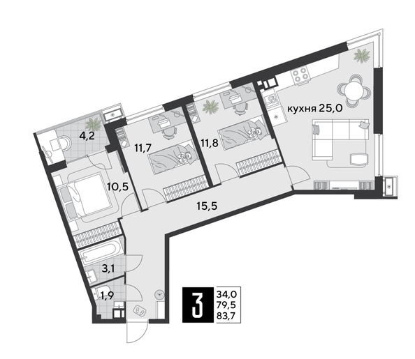 
  Продается 3-комн. квартира 83.7 м², в ЖК Парк Победы 2, литера 21. Фото 1.