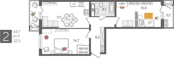
  Продается 2-комн. квартира 68.7 м², в ЖК Рекорд 2, литера 5. Фото 1.