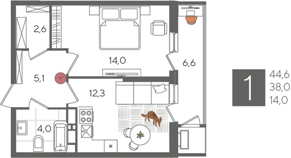 
  Продается 1-комн. квартира 44.6 м², в ЖК Рекорд 2, литера 5. Фото 1.