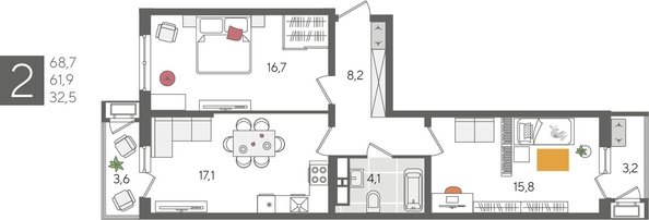 
  Продается 2-комн. квартира 68.7 м², в ЖК Рекорд 2, литера 5. Фото 1.