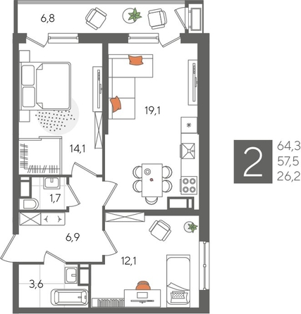
  Продается 2-комн. квартира 64.3 м², в ЖК Рекорд 2, литера 5. Фото 1.