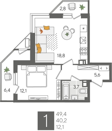 
  Продается 1-комн. квартира 48.8 м², в ЖК Рекорд 2, литера 2. Фото 1.