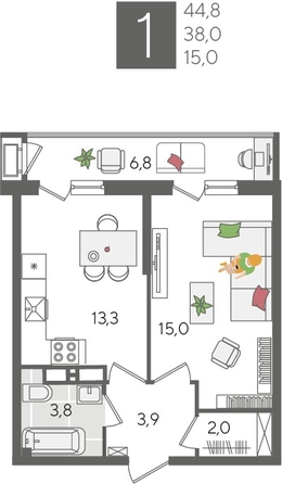 
  Продается 1-комн. квартира 44.1 м², в ЖК Рекорд 2, литера 2. Фото 1.