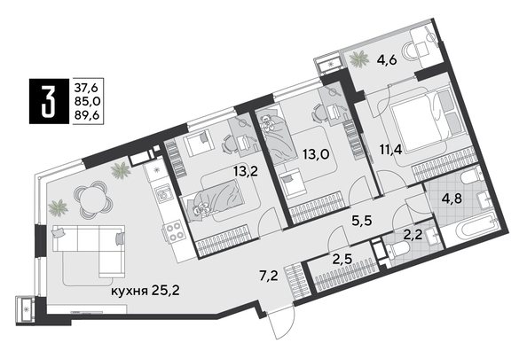 
  Продается 3-комн. квартира 89.6 м², в ЖК Парк Победы 2, литера 19. Фото 1.