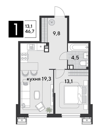 
  Продается 1-комн. квартира 46.7 м², в ЖК Парк Победы 2, литера 19. Фото 1.