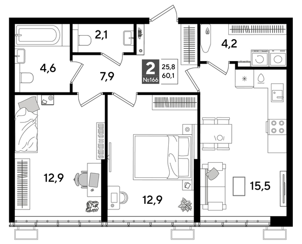 
  Продается 2-комн. квартира 59.4 м², в ЖК ДОГМА ПАРК, литера 15. Фото 1.