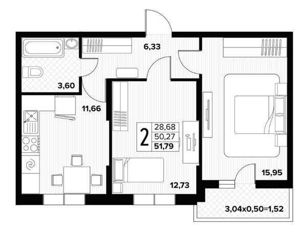 
  Продается 2-комн. квартира 51.79 м², в ЖК Друг, литера 5. Фото 2.