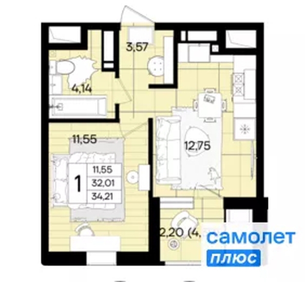
  Продается 1-комн. квартира 34.2 м², в ЖК Народные Кварталы, литер 1. Фото 21.