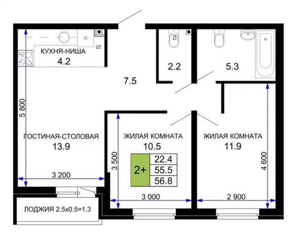 
  Продается 2-комн. квартира 56.8 м². Фото 1.