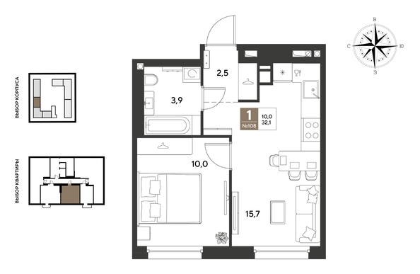 
  Продается 1-комн. квартира 32.1 м², в ЖК ГРЕЙД, литер 14. Фото 1.