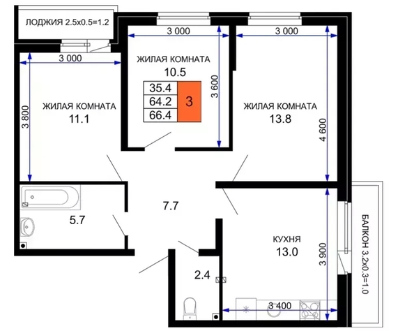 
  Продается 3-комн. квартира 66.4 м², в . Фото 1.
