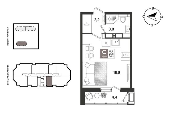 
  Продается студия 29.8 м², в ЖК Рекорд 2, литера 4. Фото 1.